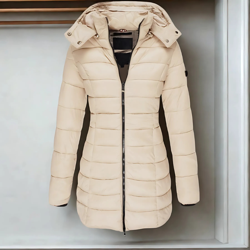 Women’s Puffer Coat - Synthetic - Slim Fit - Mid-Length - Hooded - Ribbed Cuffs