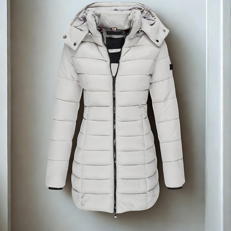 Women’s Puffer Coat - Synthetic - Slim Fit - Mid-Length - Hooded - Ribbed Cuffs
