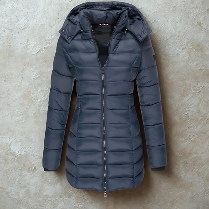 Women’s Puffer Coat - Synthetic - Slim Fit - Mid-Length - Hooded - Ribbed Cuffs