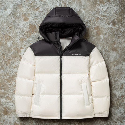 Men’s Puffer Jacket - Synthetic Fabric - Attached Hood - Full-Zip Front