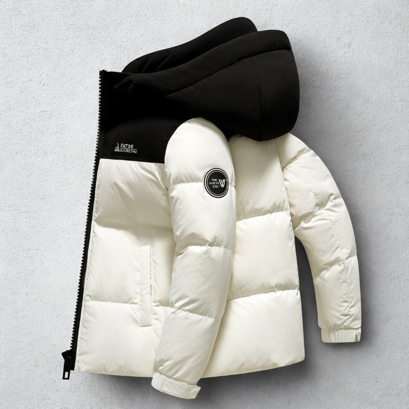 Men’s Puffer Jacket - Synthetic Fabric - Attached Hood - Full-Zip Front