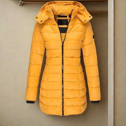 Women’s Puffer Coat - Synthetic - Slim Fit - Mid-Length - Hooded - Ribbed Cuffs