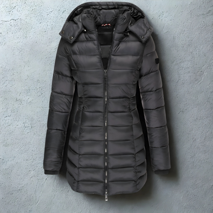 Women’s Puffer Coat - Synthetic - Slim Fit - Mid-Length - Hooded - Ribbed Cuffs
