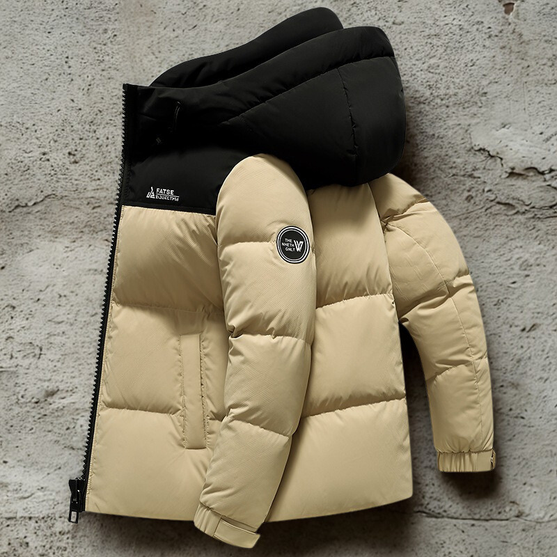 Men’s Puffer Jacket - Synthetic Fabric - Attached Hood - Full-Zip Front
