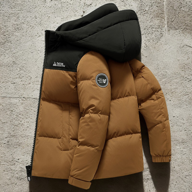 Men’s Puffer Jacket - Synthetic Fabric - Attached Hood - Full-Zip Front