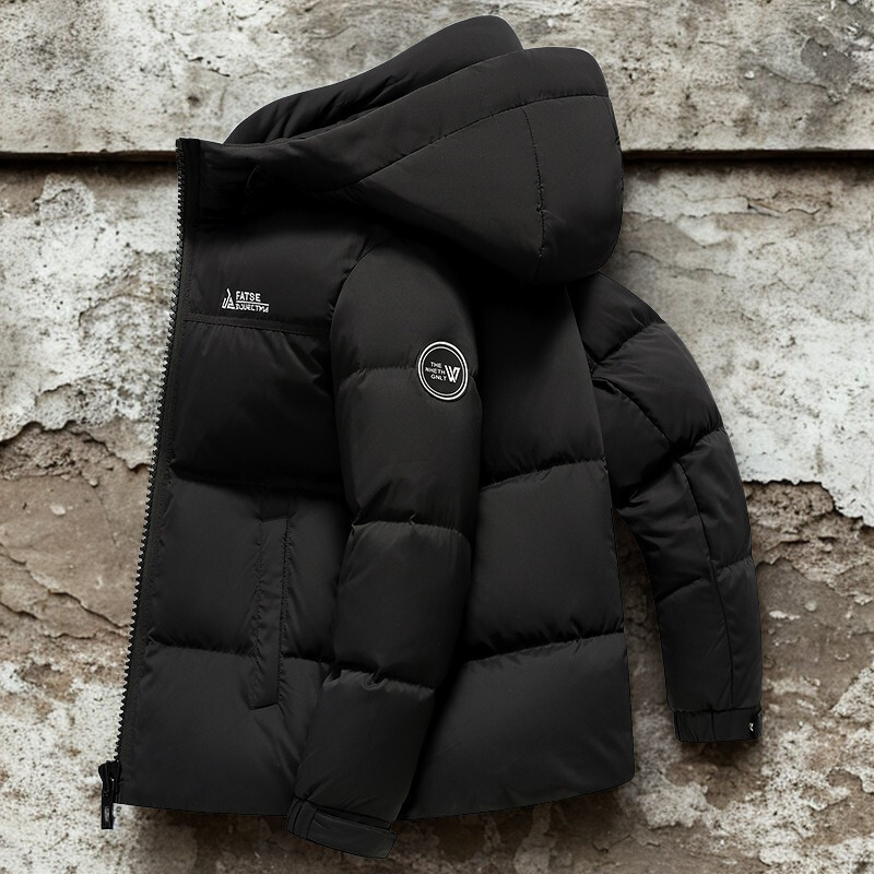 Men’s Puffer Jacket - Synthetic Fabric - Attached Hood - Full-Zip Front