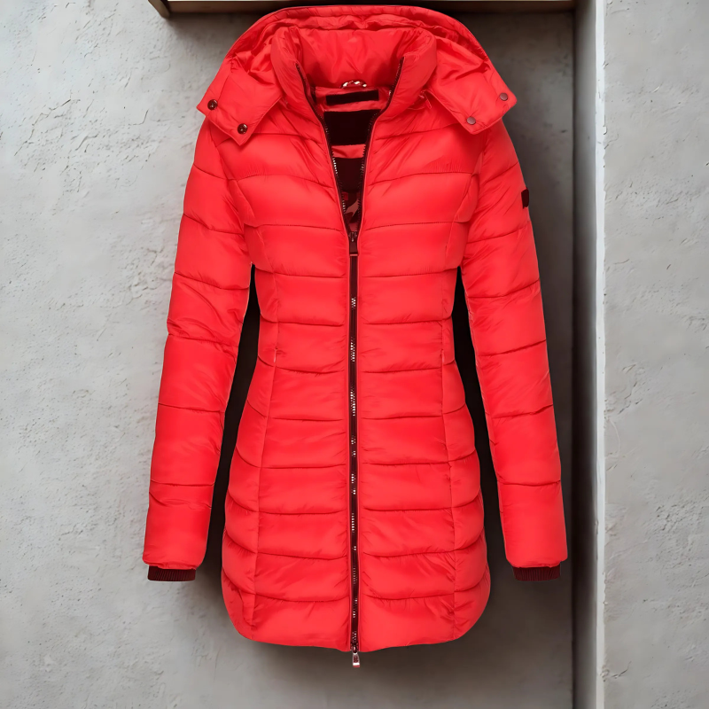Women’s Puffer Coat - Synthetic - Slim Fit - Mid-Length - Hooded - Ribbed Cuffs
