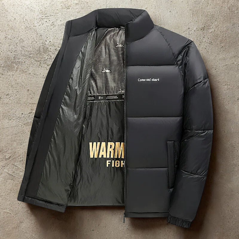 Men’s Puffer Coat - Woven Synthetic - Loose Fit - Stand Collar - Hip Length