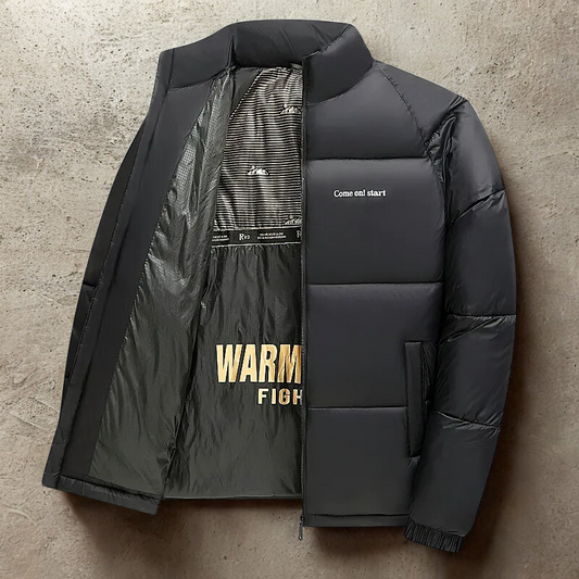 Men’s Puffer Coat - Woven Synthetic - Loose Fit - Stand Collar - Hip Length