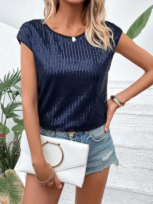 Women's Blouse – Relaxed Fit – Sequin Details – Luxurious Fabric – Short Sleeves
