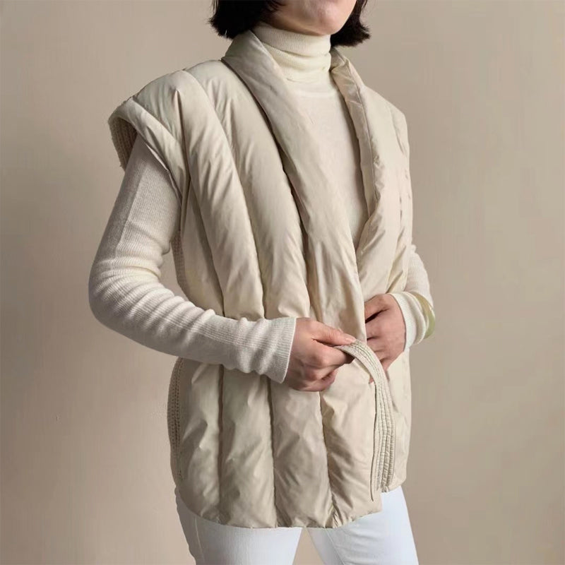 Lily Quilted Belted Puffer Vest | Shawl Collar Relaxed Fit Vest