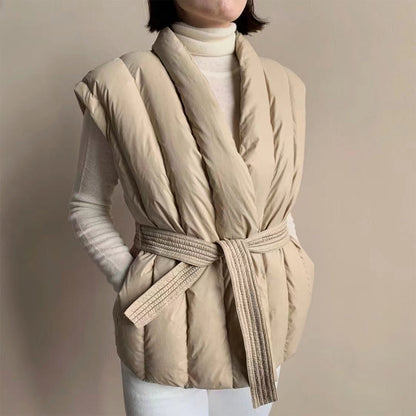 Lily Quilted Belted Puffer Vest | Shawl Collar Relaxed Fit Vest