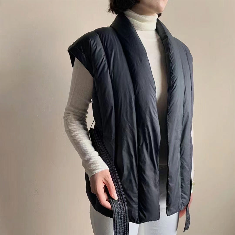 Lily Quilted Belted Puffer Vest | Shawl Collar Relaxed Fit Vest