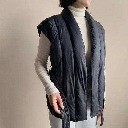 Lily Quilted Belted Puffer Vest | Shawl Collar Relaxed Fit Vest