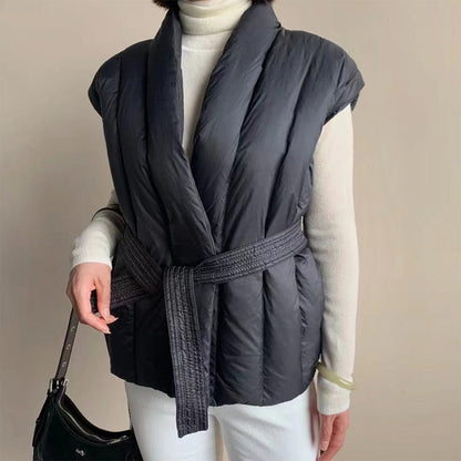 Lily Quilted Belted Puffer Vest | Shawl Collar Relaxed Fit Vest