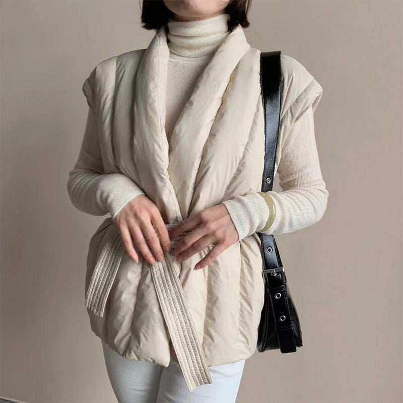 Lily Quilted Belted Puffer Vest | Shawl Collar Relaxed Fit Vest