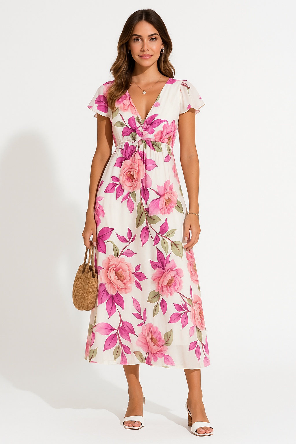 Dress for Women – Midi – Airy Fit – V-Neck – Ruched Sleeves – Floral Print