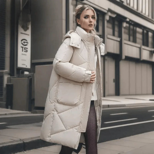 Women’s Coat - Quilted - Oversized Fit - Maxi Length - High Collar Hood