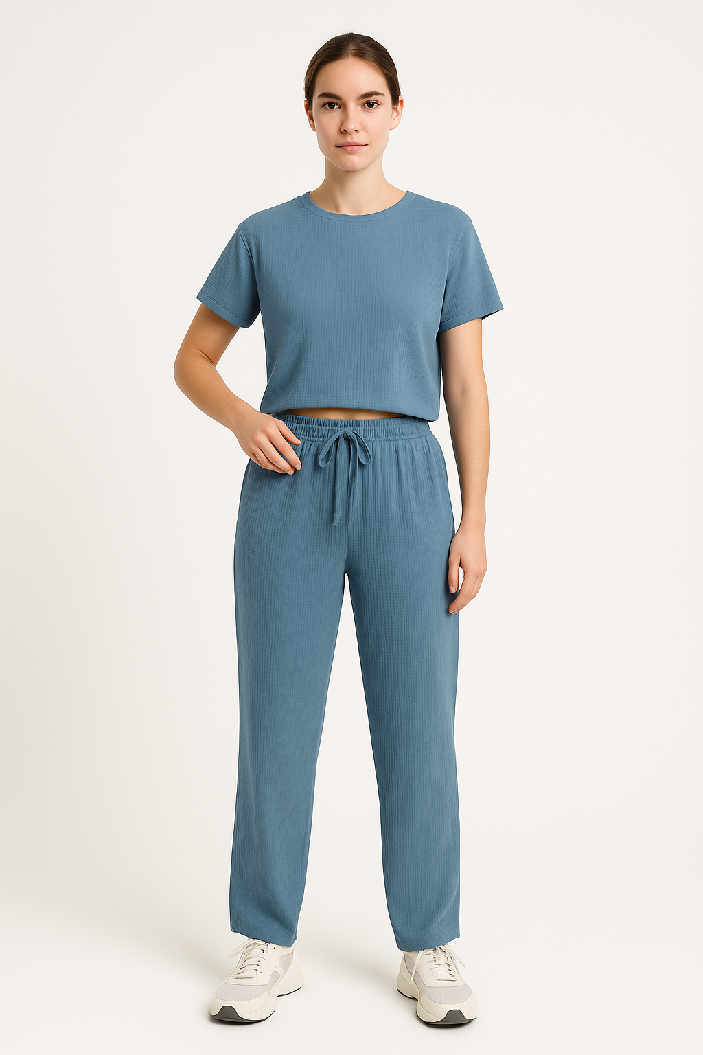 Women's Lounge Set – Short-Sleeved Top – Crop Fit – Wide Pants – Breathable Material