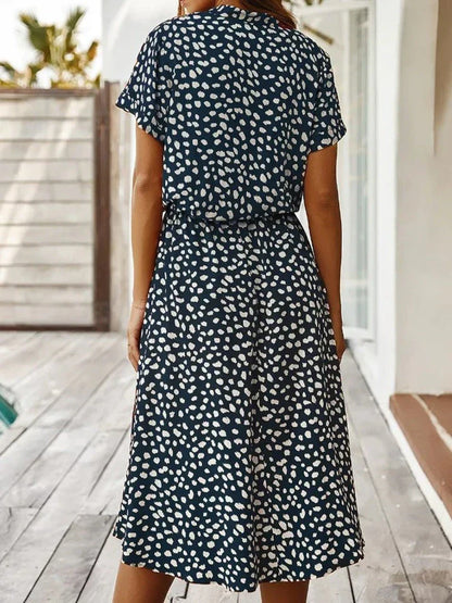 Women's Midi Dress – Relaxed Fit – Button Closure – Short Sleeve – Breathable Fabric – Defined Waist