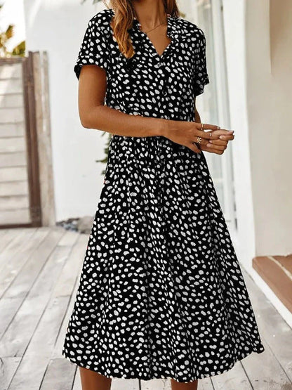 Women's Midi Dress – Relaxed Fit – Button Closure – Short Sleeve – Breathable Fabric – Defined Waist