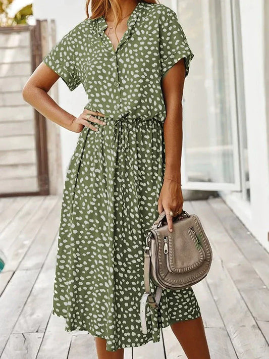 Women's Midi Dress – Relaxed Fit – Button Closure – Short Sleeve – Breathable Fabric – Defined Waist