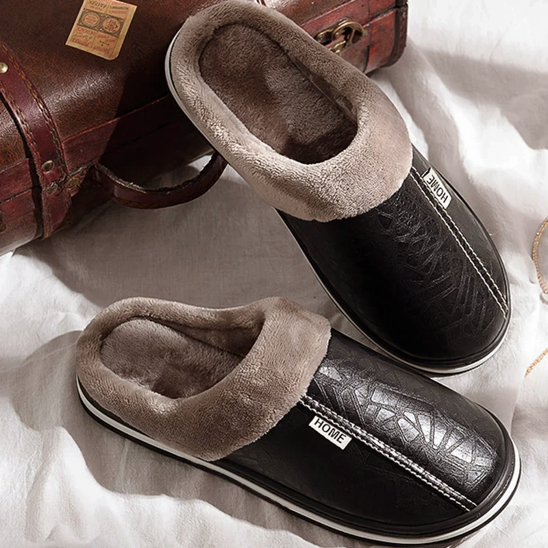 George Faux Leather Slip-On Slippers | Plush Lining Cushioned Slippers