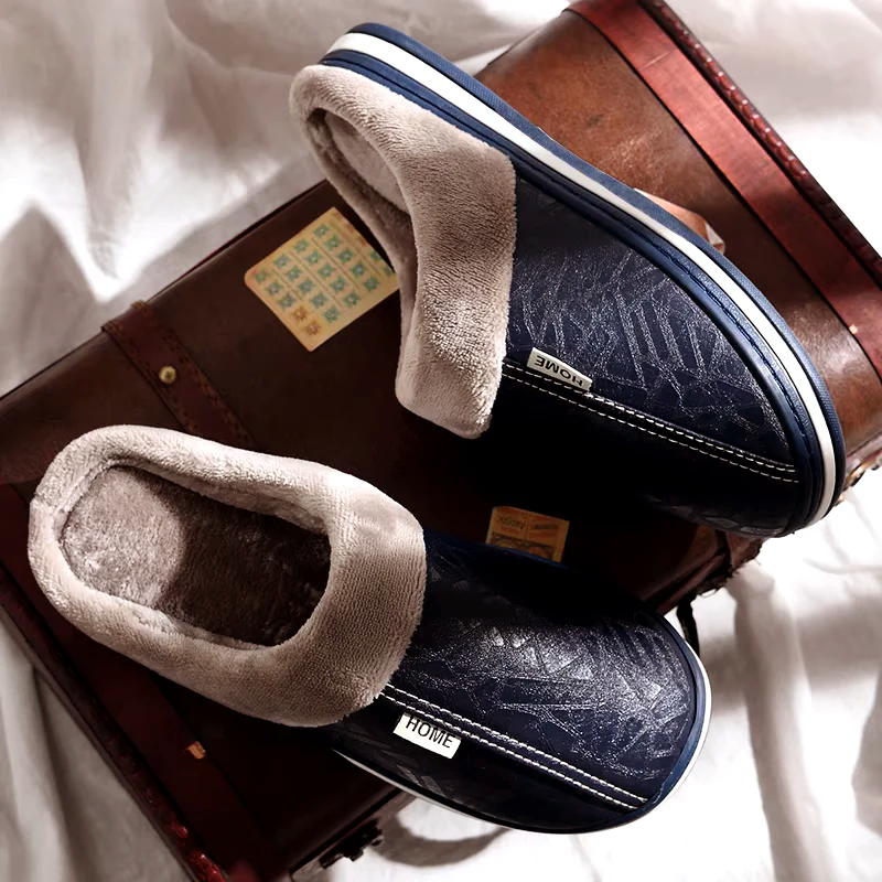 George Faux Leather Slip-On Slippers | Plush Lining Cushioned Slippers