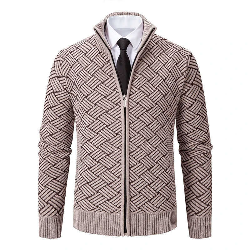 Oliver Wool-Blend Stand Collar Zip-Up Cardigan | Geometric Pattern Ribbed Trim Cardigan