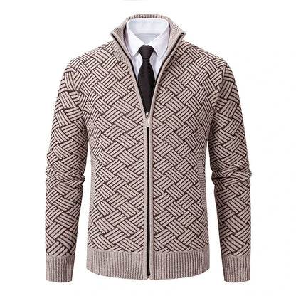 Oliver Wool-Blend Stand Collar Zip-Up Cardigan | Geometric Pattern Ribbed Trim Cardigan