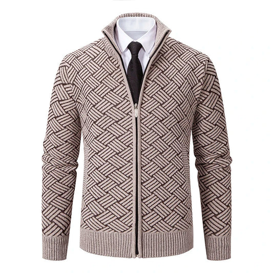 Oliver Wool-Blend Stand Collar Zip-Up Cardigan | Geometric Pattern Ribbed Trim Cardigan