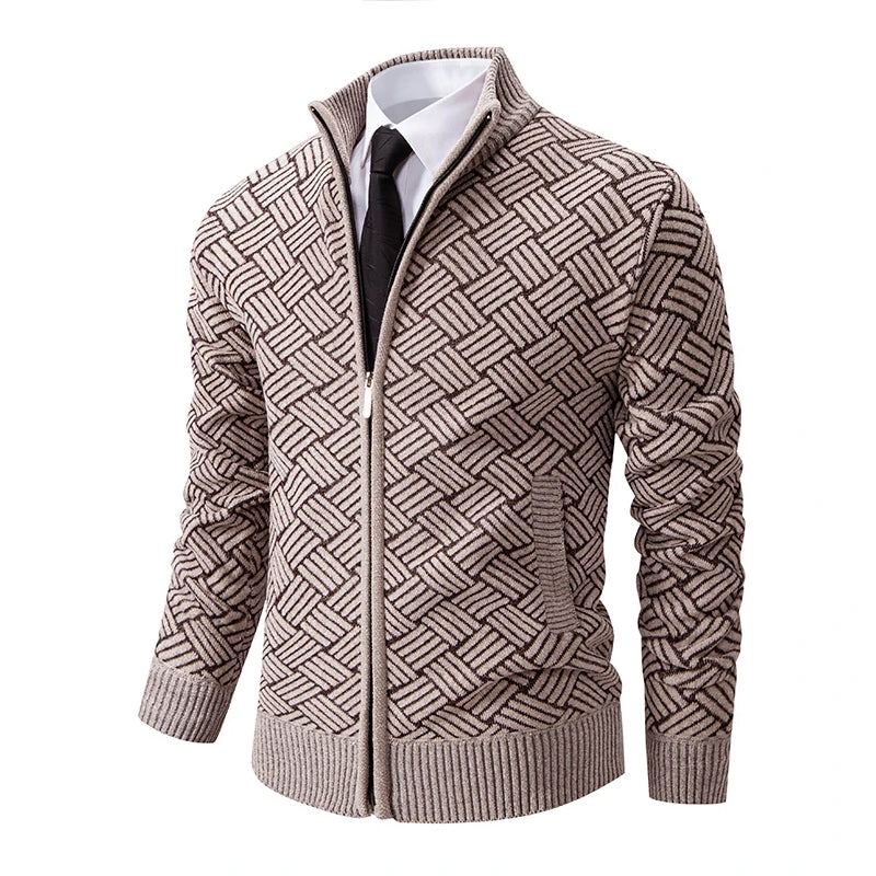 Oliver Wool-Blend Stand Collar Zip-Up Cardigan | Geometric Pattern Ribbed Trim Cardigan