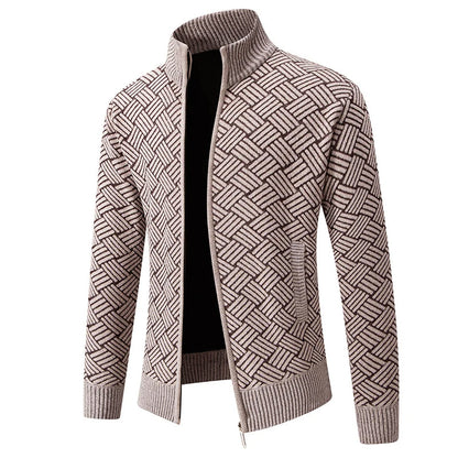 Oliver Wool-Blend Stand Collar Zip-Up Cardigan | Geometric Pattern Ribbed Trim Cardigan