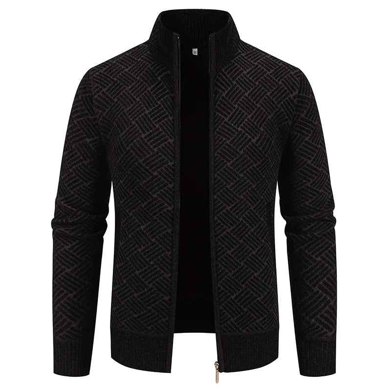 Oliver Wool-Blend Stand Collar Zip-Up Cardigan | Geometric Pattern Ribbed Trim Cardigan