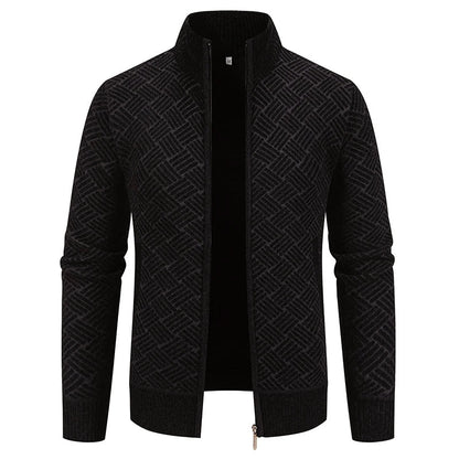Oliver Wool-Blend Stand Collar Zip-Up Cardigan | Geometric Pattern Ribbed Trim Cardigan