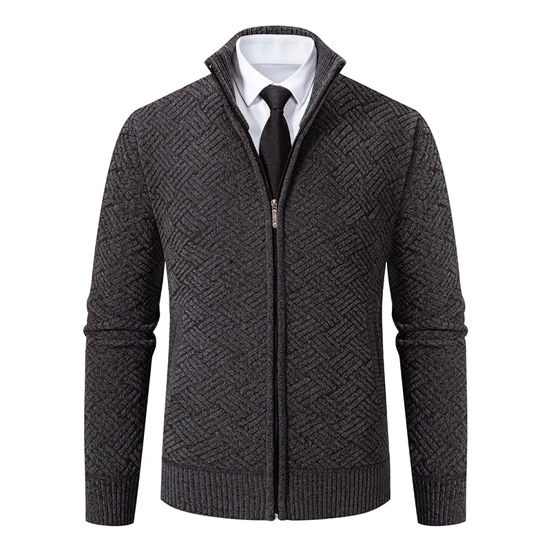 Oliver Wool-Blend Stand Collar Zip-Up Cardigan | Geometric Pattern Ribbed Trim Cardigan