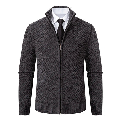 Oliver Wool-Blend Stand Collar Zip-Up Cardigan | Geometric Pattern Ribbed Trim Cardigan