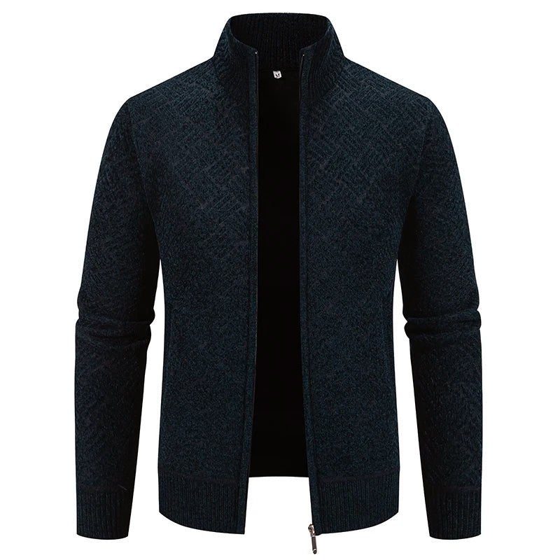 Oliver Wool-Blend Stand Collar Zip-Up Cardigan | Geometric Pattern Ribbed Trim Cardigan