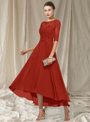 Women's Dress – A-line Fit – Asymmetric Length – Lace – Elbow-length Sleeves