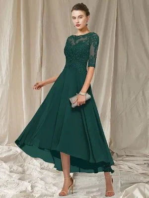Women's Dress – A-line Fit – Asymmetric Length – Lace – Elbow-length Sleeves