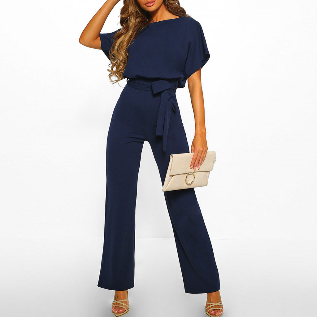 Women's Jumpsuit - Wide Legs - Off-Shoulder - Tie Belt at Waist - Elegant and Loose Fit