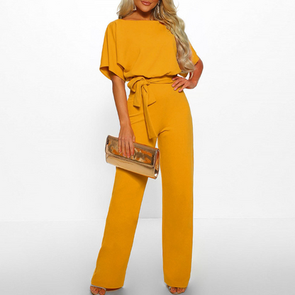 Women's Jumpsuit - Wide Legs - Off-Shoulder - Tie Belt at Waist - Elegant and Loose Fit