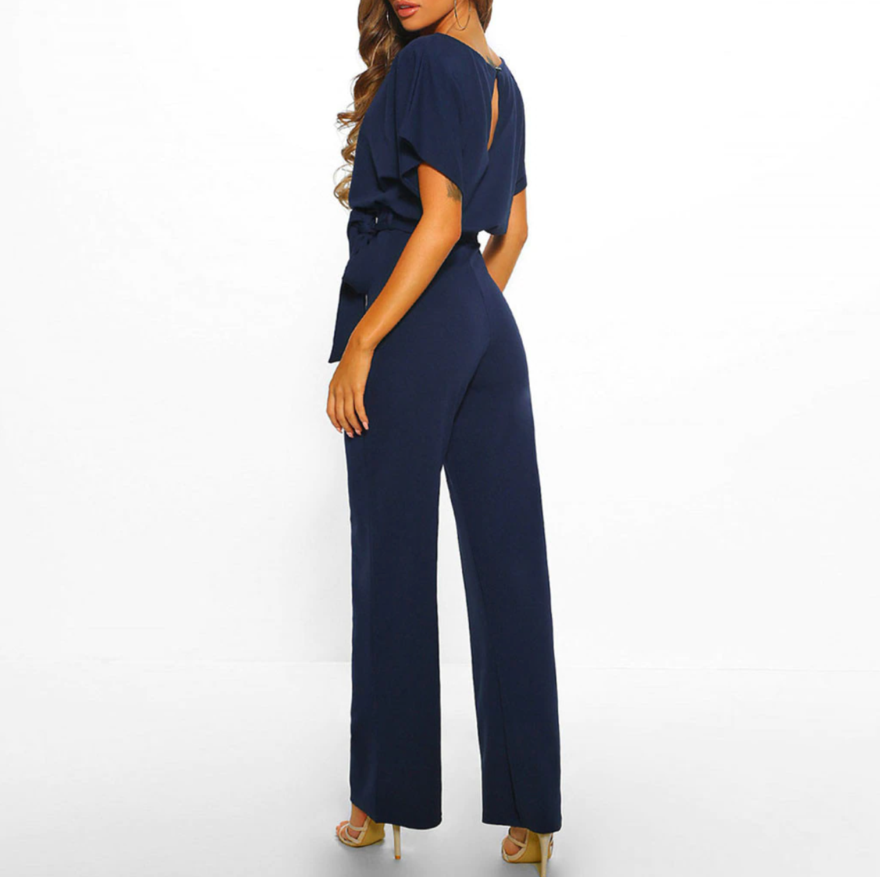 Women's Jumpsuit - Wide Legs - Off-Shoulder - Tie Belt at Waist - Elegant and Loose Fit