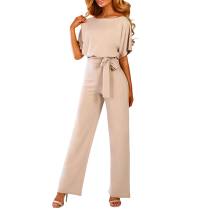 Women's Jumpsuit - Wide Legs - Off-Shoulder - Tie Belt at Waist - Elegant and Loose Fit