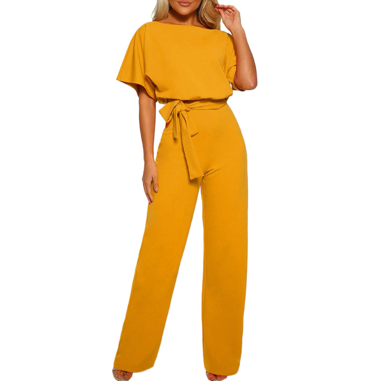 Women's Jumpsuit - Wide Legs - Off-Shoulder - Tie Belt at Waist - Elegant and Loose Fit