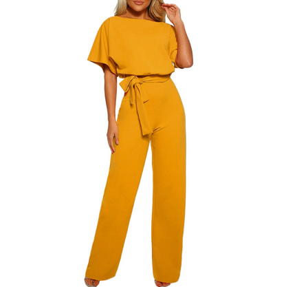 Women's Jumpsuit - Wide Legs - Off-Shoulder - Tie Belt at Waist - Elegant and Loose Fit