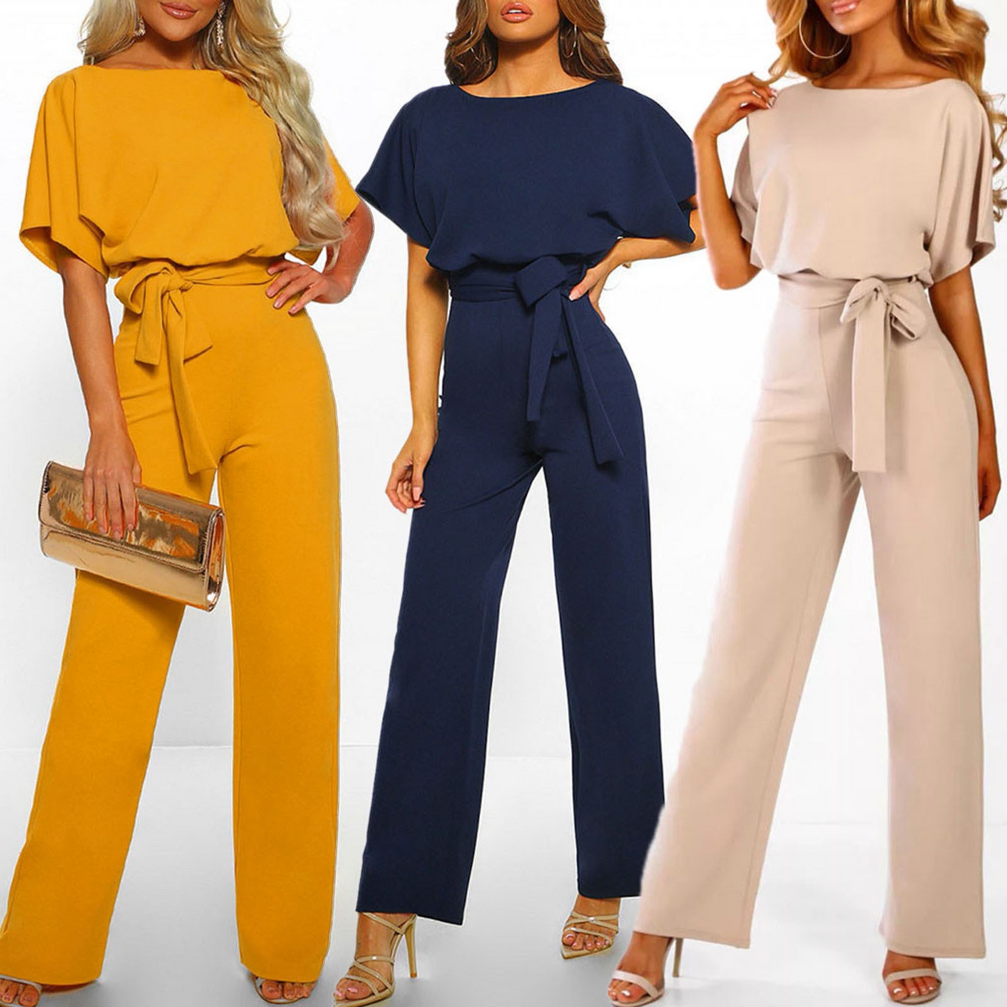 Women's Jumpsuit - Wide Legs - Off-Shoulder - Tie Belt at Waist - Elegant and Loose Fit