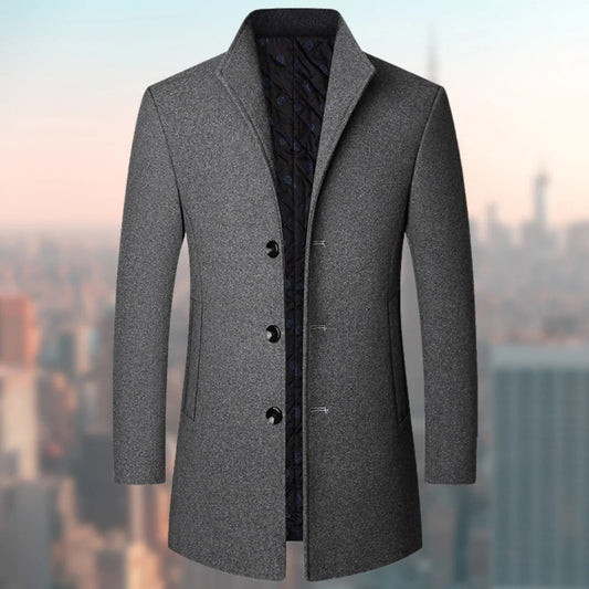 Men's Long Coat – Tailored Fit – Wool Blend – Single-Breasted – Quilted Lining