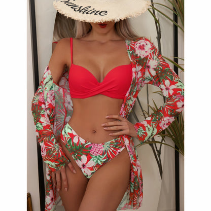 Women's Bikini Set – Tight Fit – Ruched Top – Adjustable Straps – Floral Bottom