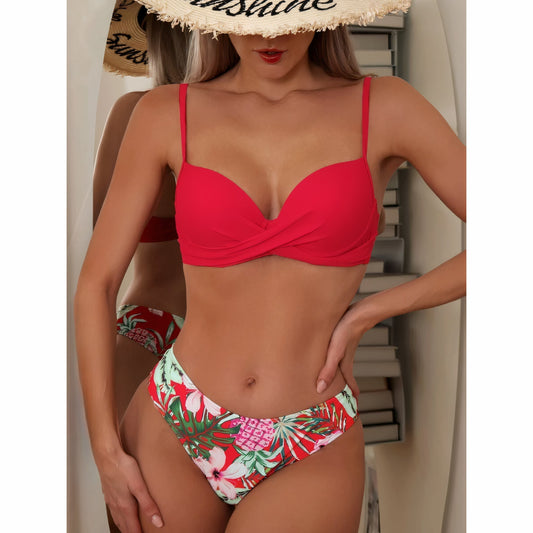 Women's Bikini Set – Tight Fit – Ruched Top – Adjustable Straps – Floral Bottom